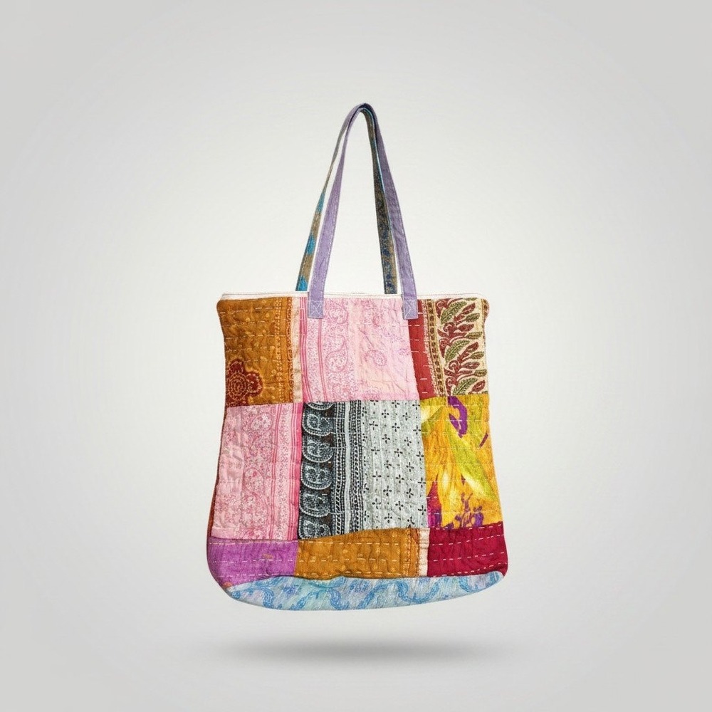 Kantha Stitch Tote Hobo Bag Large Multicolor Patchwork Boho India Sari Artisan
